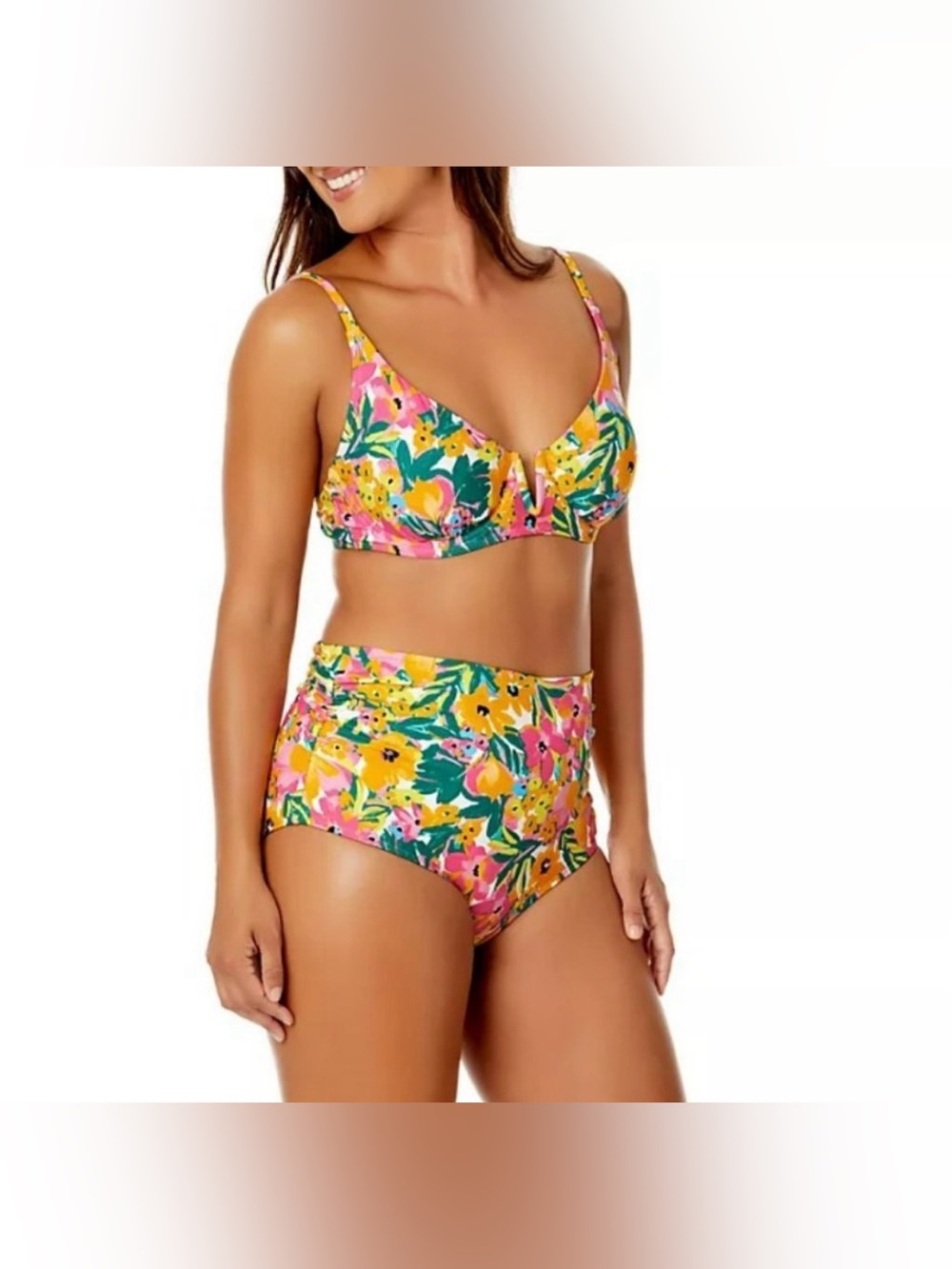 NWT ANNE COLE Sunshine Floral High-Waist Bikini Set. Size Top XXL/Bottom XL.